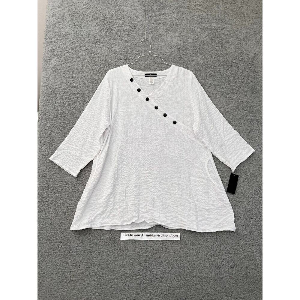 Yushi Tunic Women's Top XXL White 3/4 Sleeve Plus Size V-Neck Ripple USA Made
